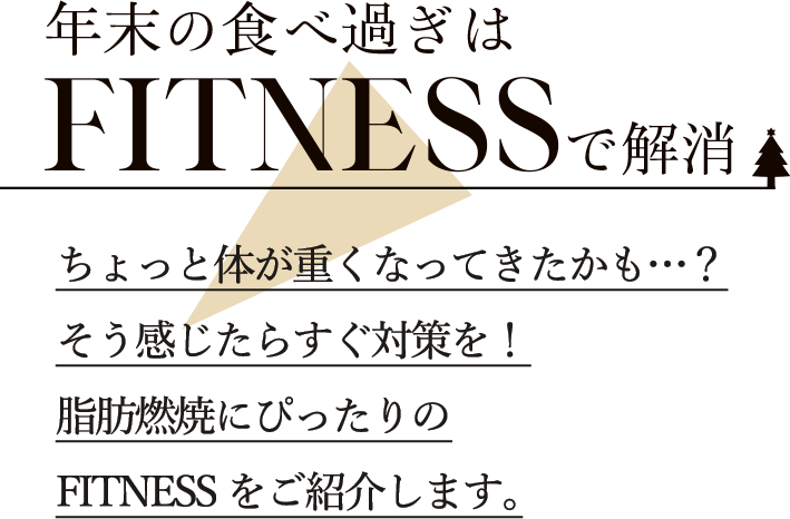 年末の食べ過ぎはFITNESSで解消 ちょっと体が重くなってきたかも…？ そう感じたらすぐ対策を！ 脂肪燃焼にぴったりの FITNESSをご紹介します。